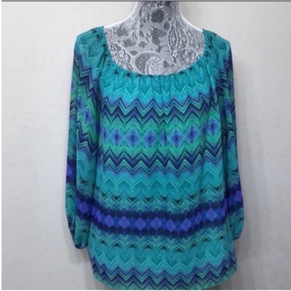 Chaus Women’s Green & Purple Long Sleeve Chevron Blouse M
